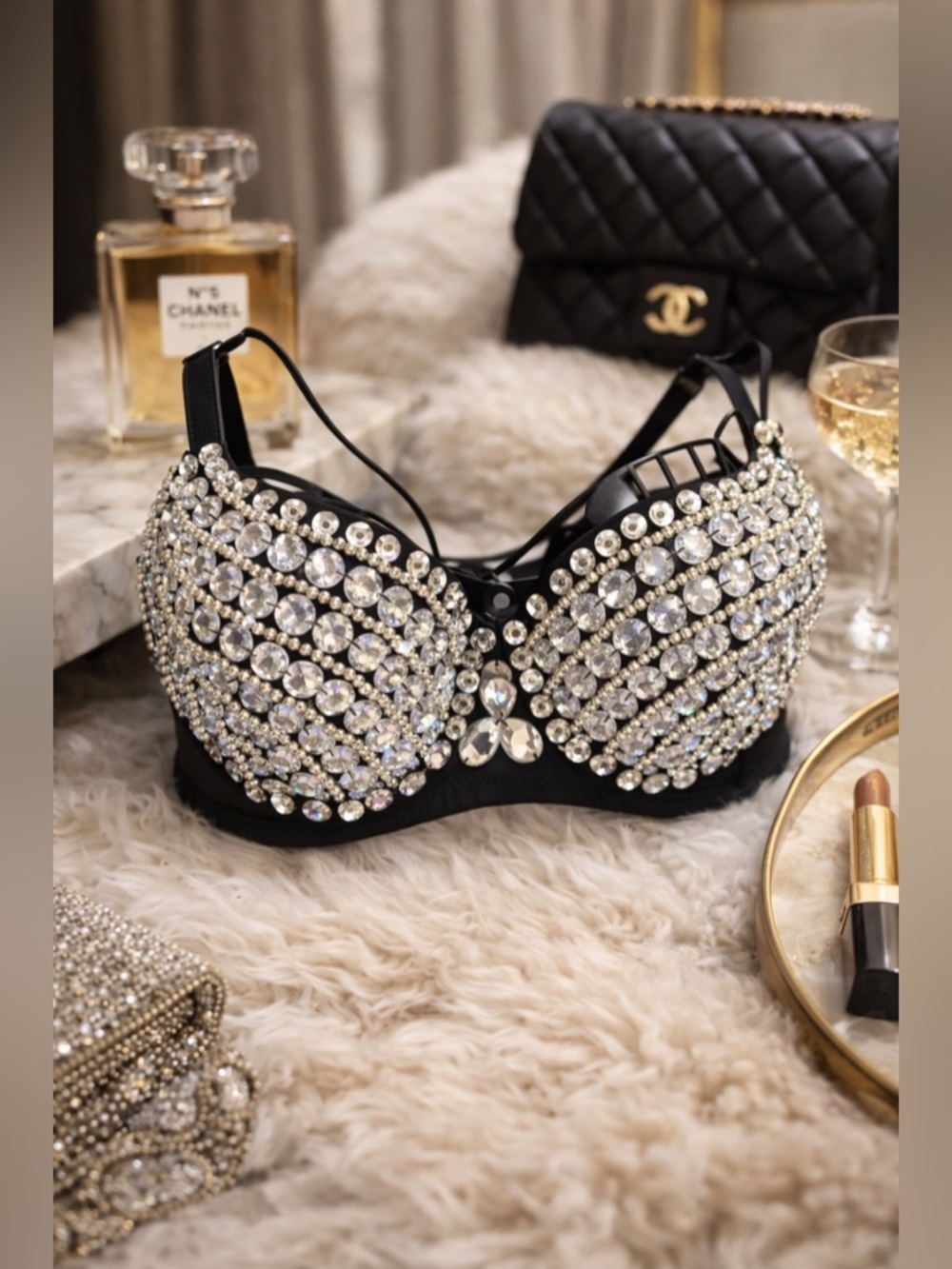 Rhinestone Crystal Bra‎ Top Glam Black Festival Burlesque Stage 32–36 ABC